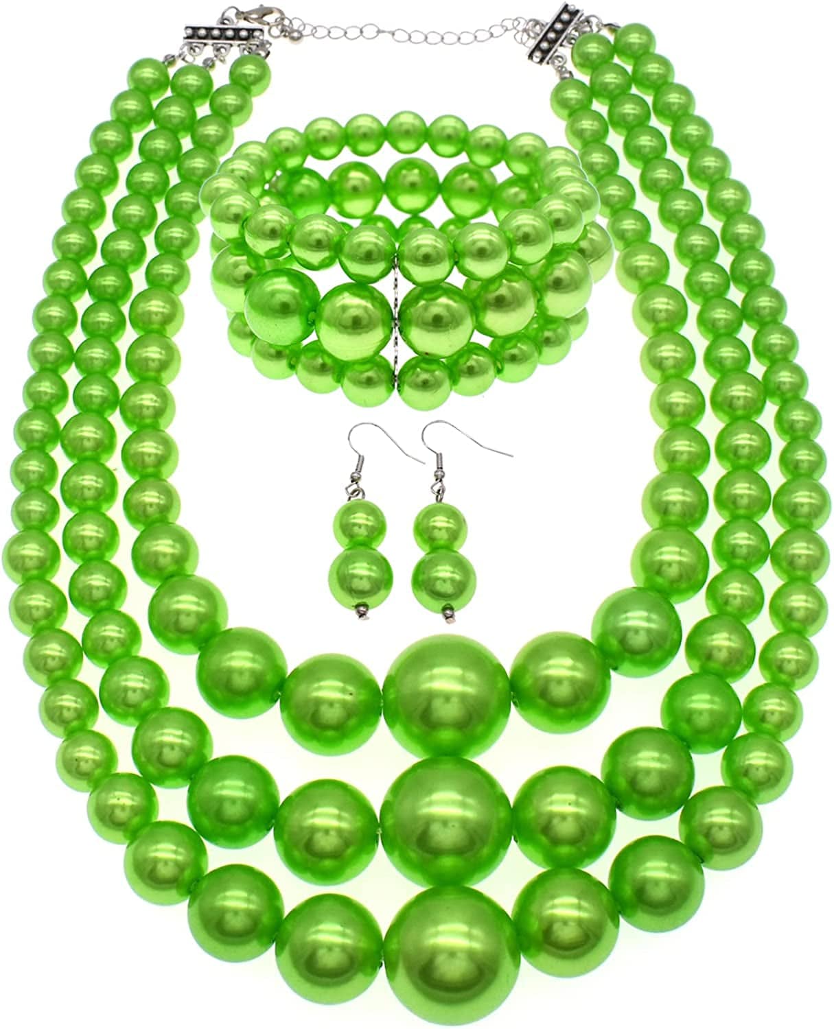 Big Pearl Necklace for Women Chunky Pearl Necklace and Earring Set Large Pearl Costume Necklace 1920S Pearl Necklace Faux Pearls Gatsby Accessories A- Grass green