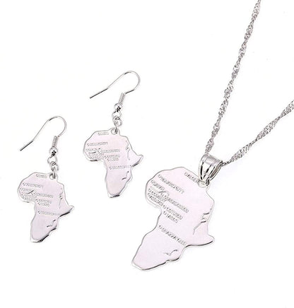 Big Size Crystal Africa Map Pendant Necklace Women Girl 24K Gold Plated African Map Hiphop Item Silver Jewelry Set