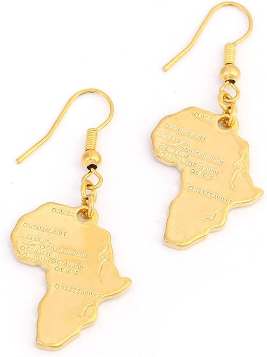 Big Size Crystal Africa Map Pendant Necklace Women Girl 24K Gold Plated African Map Hiphop Item Gold Earrings