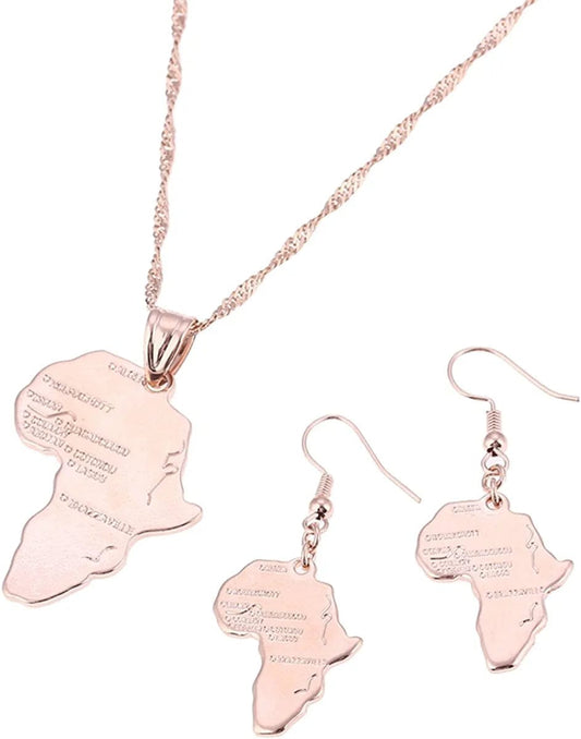 Big Size Crystal Africa Map Pendant Necklace Women Girl 24K Gold Plated African Map Hiphop Item Rose Jewelry Set