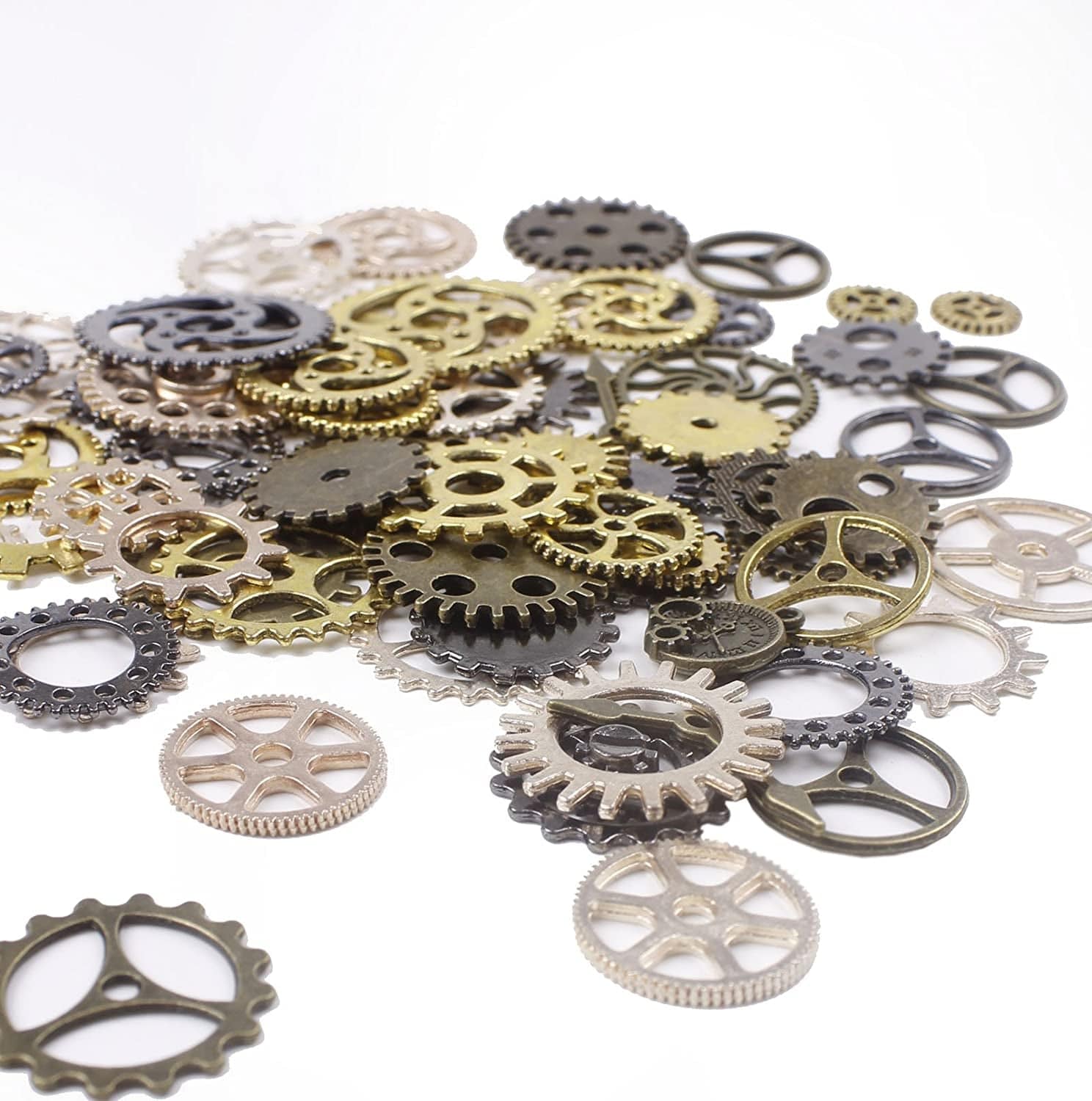 BIHRTC 100 Gram DIY Assorted Color Antique Metal Steampunk Gears Charms Pendant Clock Watch Wheel Gear for Crafting, Jewelry Making Accessory Assorted Color 1