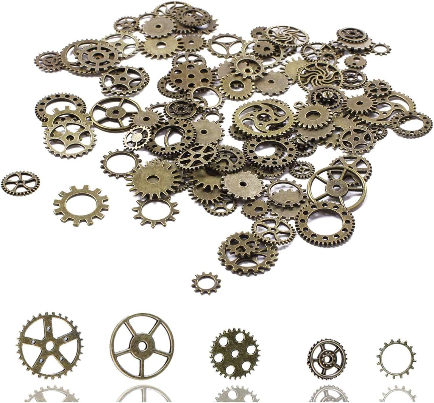 BIHRTC 100 Gram DIY Assorted Color Antique Metal Steampunk Gears Charms Pendant Clock Watch Wheel Gear for Crafting, Jewelry Making Accessory Bronze