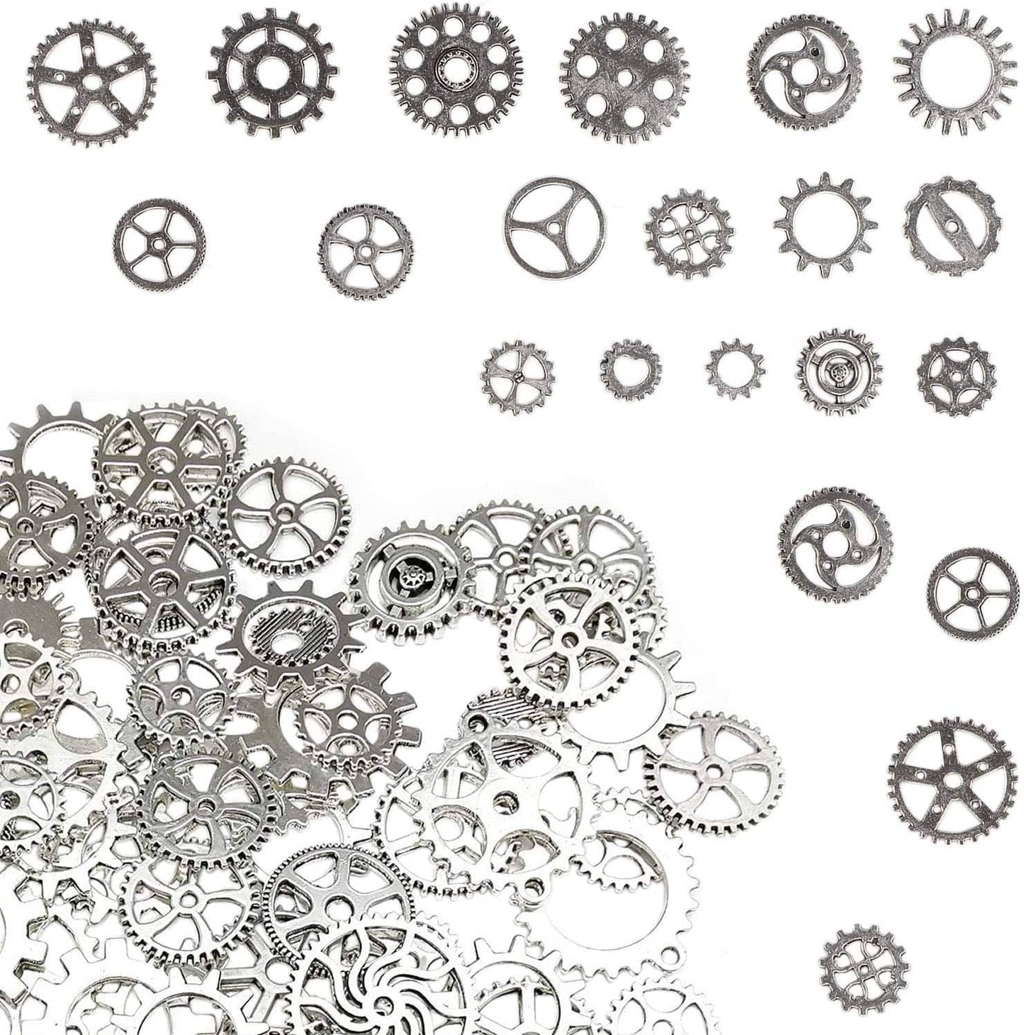 BIHRTC 100 Gram DIY Assorted Color Antique Metal Steampunk Gears Charms Pendant Clock Watch Wheel Gear for Crafting, Jewelry Making Accessory Antique silver