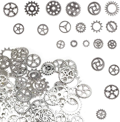 BIHRTC 100 Gram DIY Assorted Color Antique Metal Steampunk Gears Charms Pendant Clock Watch Wheel Gear for Crafting, Jewelry Making Accessory Antique silver