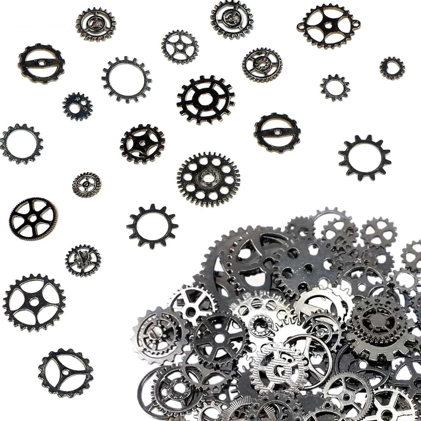 BIHRTC 100 Gram DIY Assorted Color Antique Metal Steampunk Gears Charms Pendant Clock Watch Wheel Gear for Crafting, Jewelry Making Accessory Gun Back