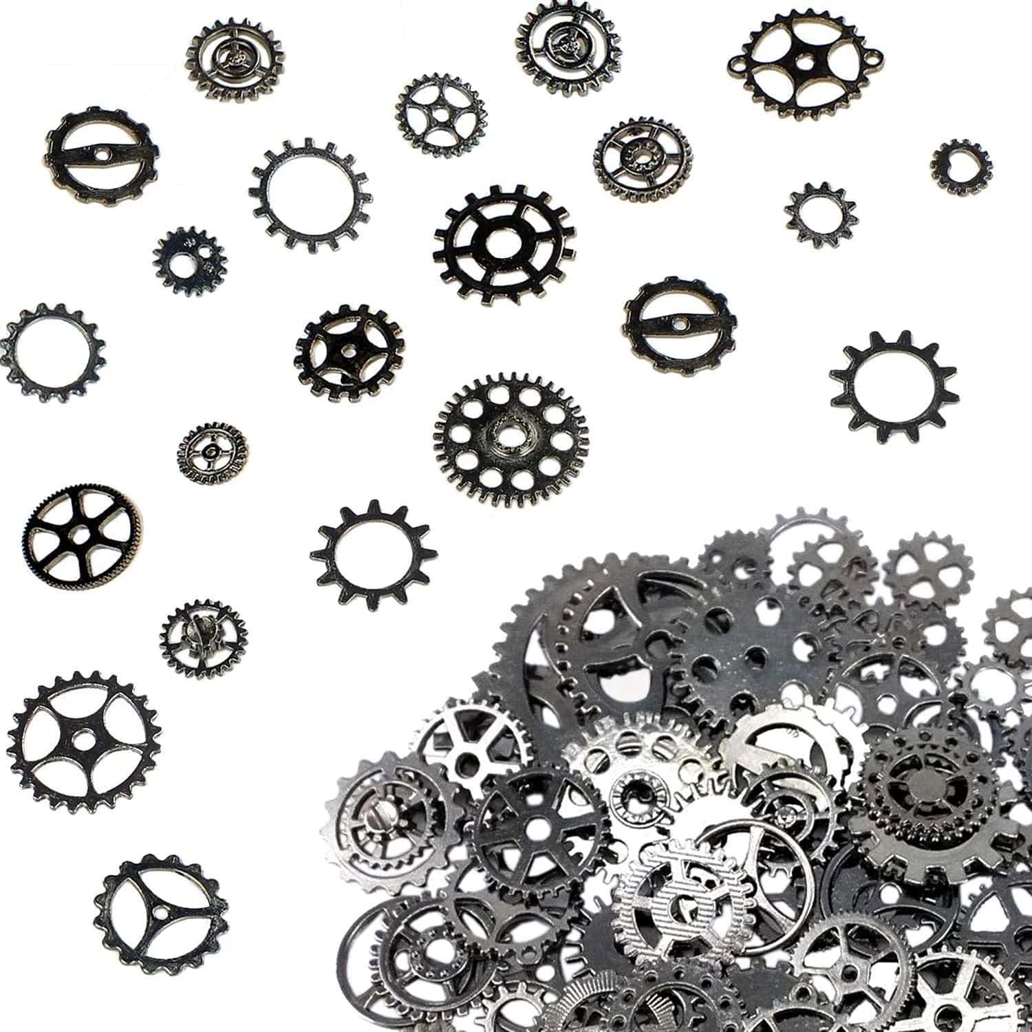BIHRTC 100 Gram DIY Assorted Color Antique Metal Steampunk Gears Charms Pendant Clock Watch Wheel Gear for Crafting, Jewelry Making Accessory Gun Back