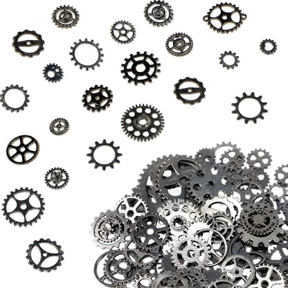 BIHRTC 100 Gram DIY Assorted Color Antique Metal Steampunk Gears Charms Pendant Clock Watch Wheel Gear for Crafting, Jewelry Making Accessory Gun Back
