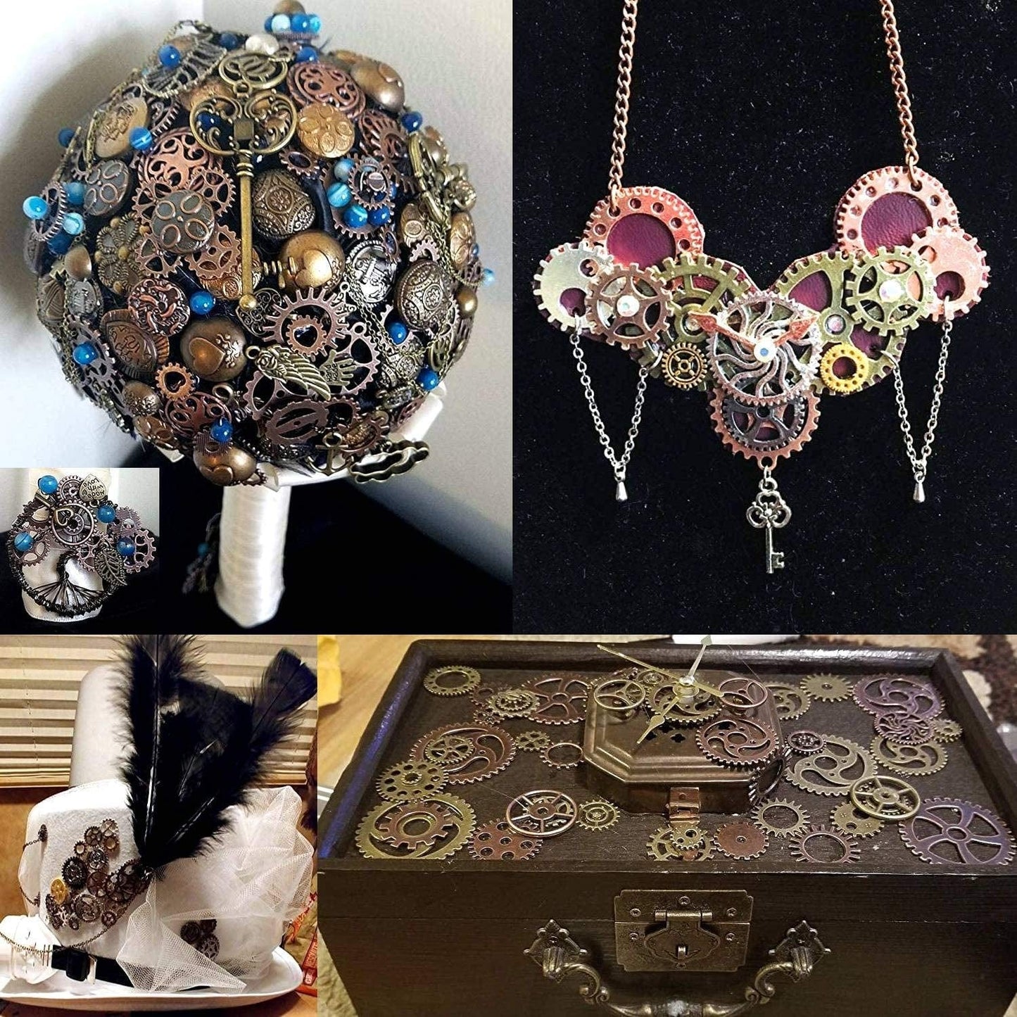 BIHRTC 200 Gram Antique Steampunk Gear DIY Assorted Mixed Color Metal Cog Wheel Skull Brass Key Pendant Charms for Craft Jewelry Making Accessory Assorted Color