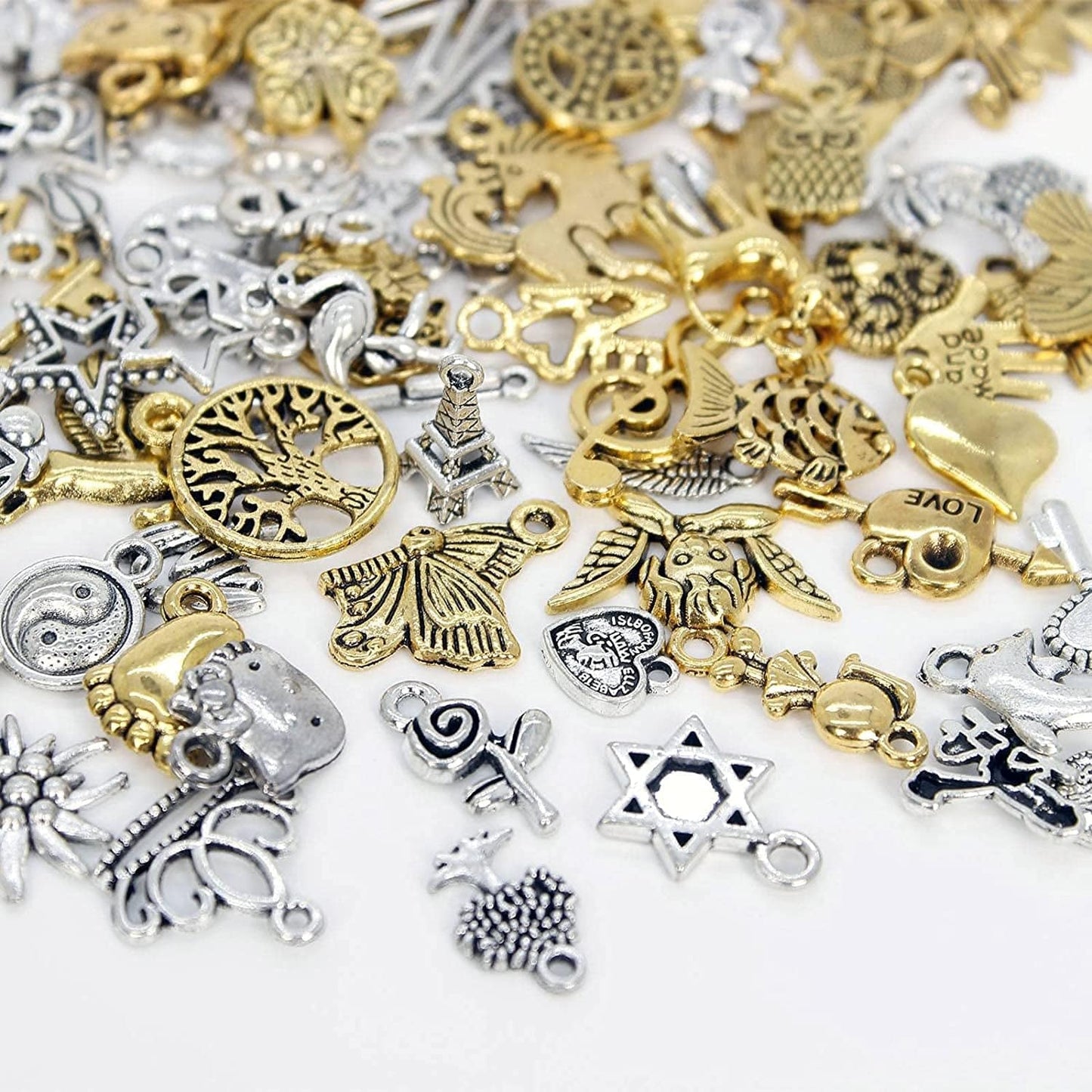 BIHRTC 200 Pack of Jewelry Charms Mixed Smooth Silver Metal Charms Pendants DIY Charm Bracelet Making Gold Charm Bracelet for Women Bracelet Necklace Jewelry Findings