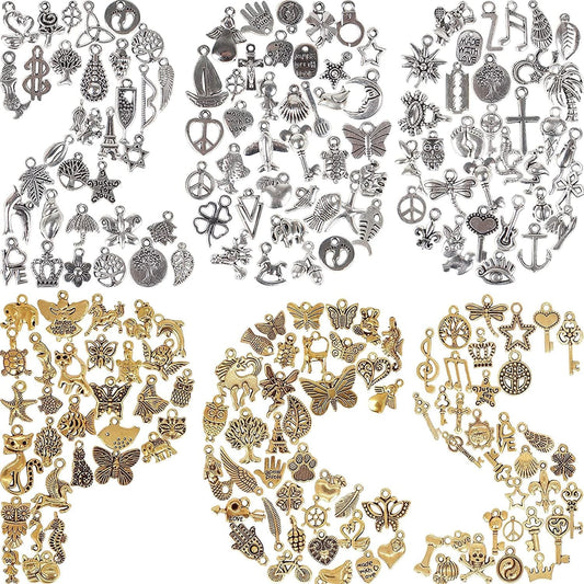 BIHRTC 200 Pack of Jewelry Charms Mixed Smooth Silver Metal Charms Pendants DIY Charm Bracelet Making Gold Charm Bracelet for Women Bracelet Necklace Jewelry Findings Golde+Silver