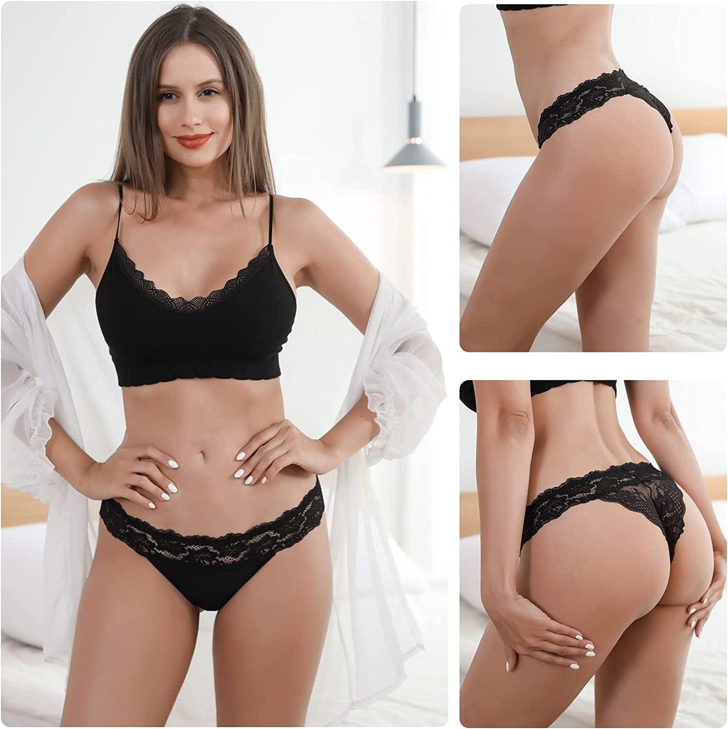 BIONEK Thongs Underwear for Women-Sexy Lace Panties Low Rise Silky G String No Show Underwear 6 Pack/3 Pack S-XL