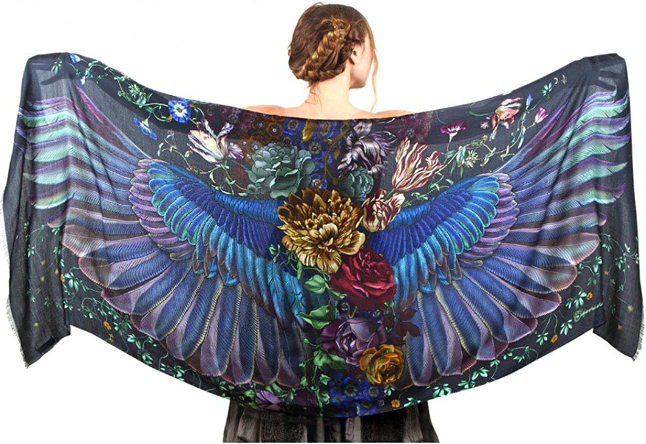 Bird Feathers Hand Painted & Printed Pure Cotton Shawl Scarf Apparel & Accessories > Clothing Accessories > Scarves & Shawls Shovava Onyx  