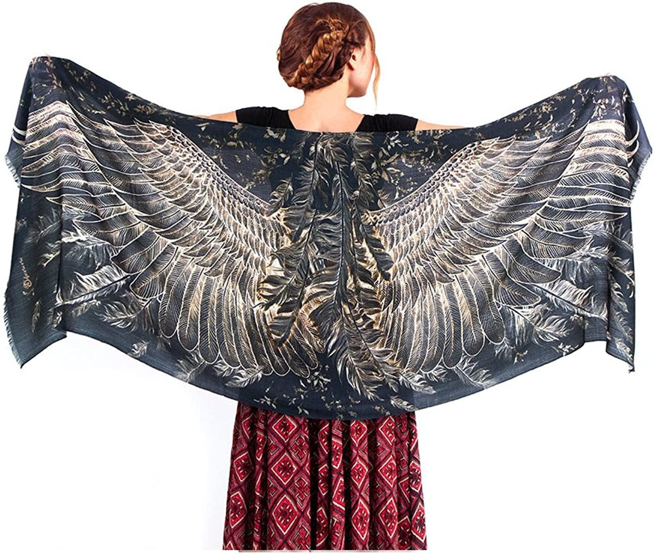 Bird Feathers Hand Painted & Printed Pure Cotton Shawl Scarf Apparel & Accessories > Clothing Accessories > Scarves & Shawls Shovava Black  