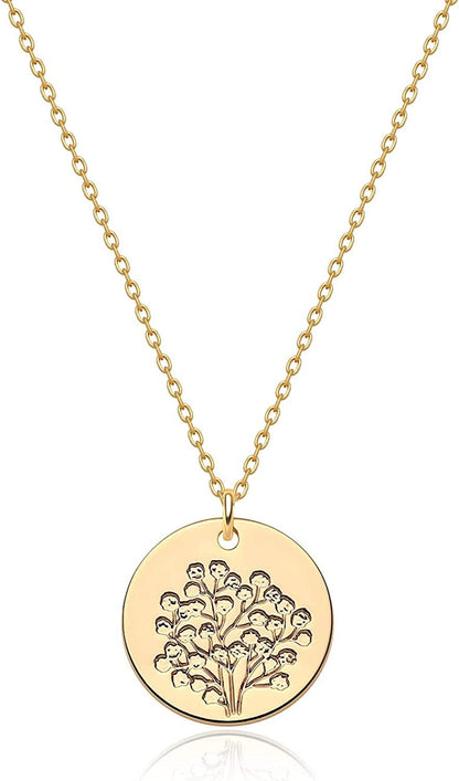 Birth Month Flower Necklace for Women Gold Disc round Medal Pendant Engraved Floral 14K Gold Plated Minimalist Simple Personalized Jewelry Gift N-Baby Breath