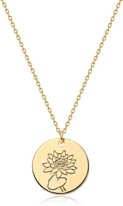 Birth Month Flower Necklace for Women Gold Disc round Medal Pendant Engraved Floral 14K Gold Plated Minimalist Simple Personalized Jewelry Gift G-(July) Lotus-B