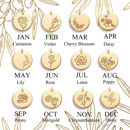 Birth Month Flower Necklace for Women Gold Disc round Medal Pendant Engraved Floral 14K Gold Plated Minimalist Simple Personalized Jewelry Gift