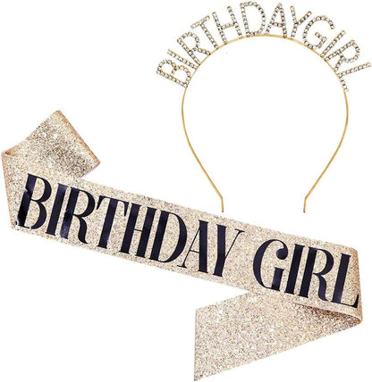 "Birthday Girl" Sash & Rhinestone Headband Set - Birthday Gifts Birthday Sash for Women Birthday Party Supplies (Gold Glitter/Black) Apparel & Accessories > Clothing Accessories > Sashes ADBetty Gold Glitter/ Black  