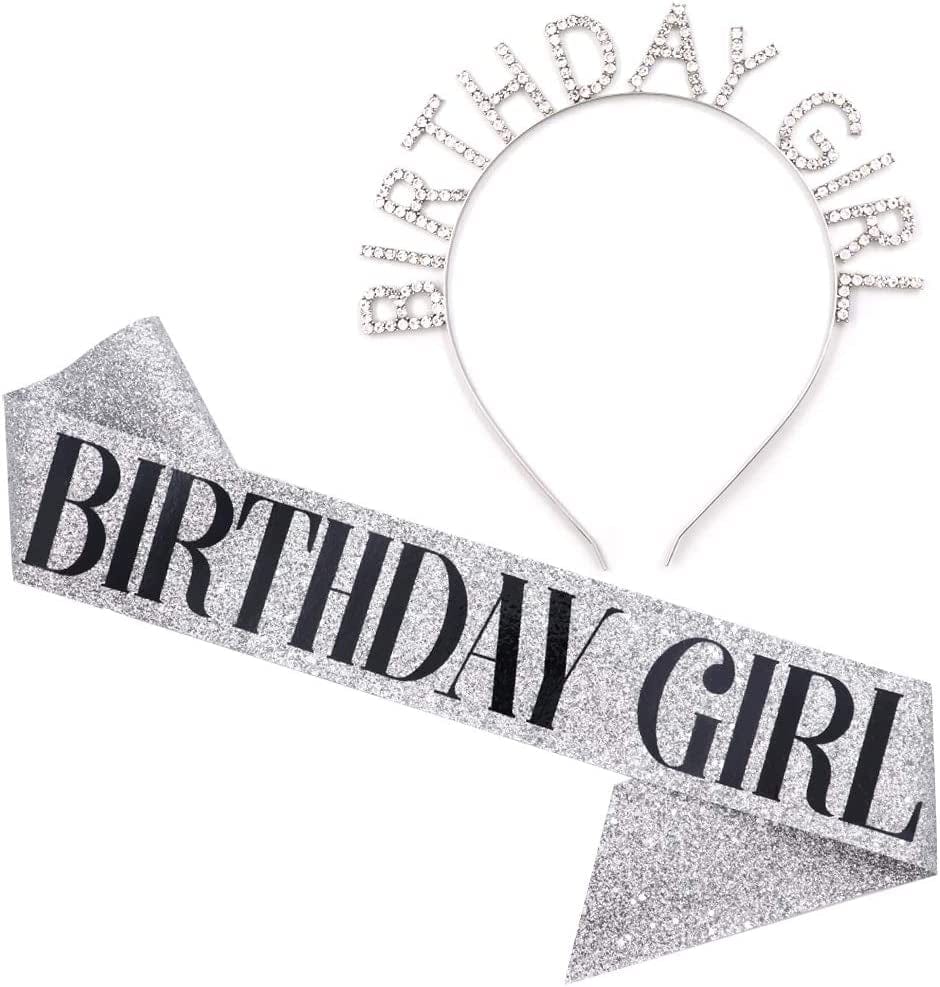 "Birthday Girl" Sash & Rhinestone Headband Set - Birthday Gifts Birthday Sash for Women Birthday Party Supplies (Gold Glitter/Black) Apparel & Accessories > Clothing Accessories > Sashes ADBetty Silver Glitter/ Black  