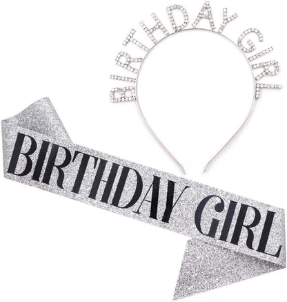 "Birthday Girl" Sash & Rhinestone Headband Set - Birthday Gifts Birthday Sash for Women Birthday Party Supplies (Gold Glitter/Black) Apparel & Accessories > Clothing Accessories > Sashes ADBetty Silver Glitter/ Black  