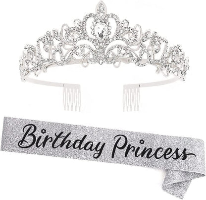 "Birthday Princess"Sash and Rhinestone Crown Set - Glitter Gold Fabric with Rose Gold Foil Letters Birthday Sash for Girl + Rhinestone Crown Set Birthday Party Gifts Birthday Party Supplies Apparel & Accessories > Clothing Accessories > Sashes YULIPS Silver_black  