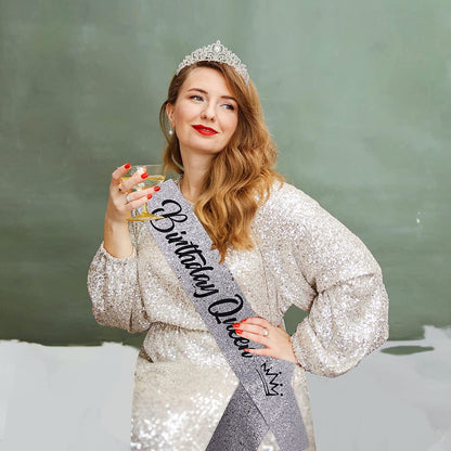 "Birthday Queen"Sash and Rhinestone Crown Set - Glitter Silver Fabric with Black Foil Letters Birthday Sash for Women + Rhinestone Crown Set Birthday Party Gifts Birthday Party Supplies Apparel & Accessories > Clothing Accessories > Sashes YULIPS   