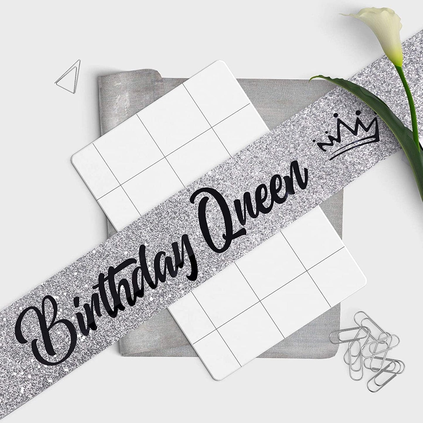 "Birthday Queen"Sash and Rhinestone Crown Set - Glitter Silver Fabric with Black Foil Letters Birthday Sash for Women + Rhinestone Crown Set Birthday Party Gifts Birthday Party Supplies Apparel & Accessories > Clothing Accessories > Sashes YULIPS   