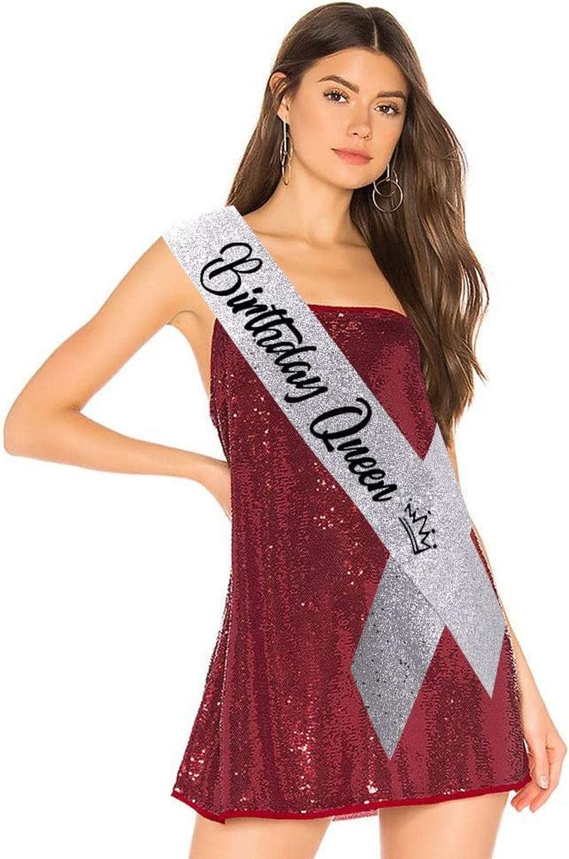 "Birthday Queen"Sash and Rhinestone Crown Set - Glitter Silver Fabric with Black Foil Letters Birthday Sash for Women + Rhinestone Crown Set Birthday Party Gifts Birthday Party Supplies Apparel & Accessories > Clothing Accessories > Sashes YULIPS   
