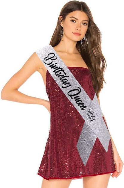 "Birthday Queen"Sash and Rhinestone Crown Set - Glitter Silver Fabric with Black Foil Letters Birthday Sash for Women + Rhinestone Crown Set Birthday Party Gifts Birthday Party Supplies Apparel & Accessories > Clothing Accessories > Sashes YULIPS   