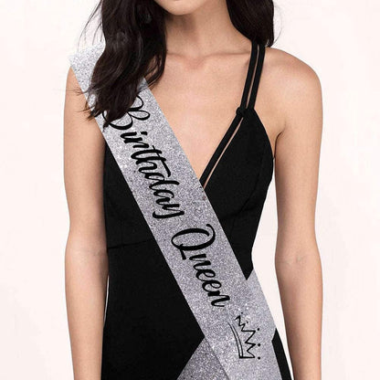 "Birthday Queen"Sash and Rhinestone Crown Set - Glitter Silver Fabric with Black Foil Letters Birthday Sash for Women + Rhinestone Crown Set Birthday Party Gifts Birthday Party Supplies Apparel & Accessories > Clothing Accessories > Sashes YULIPS   