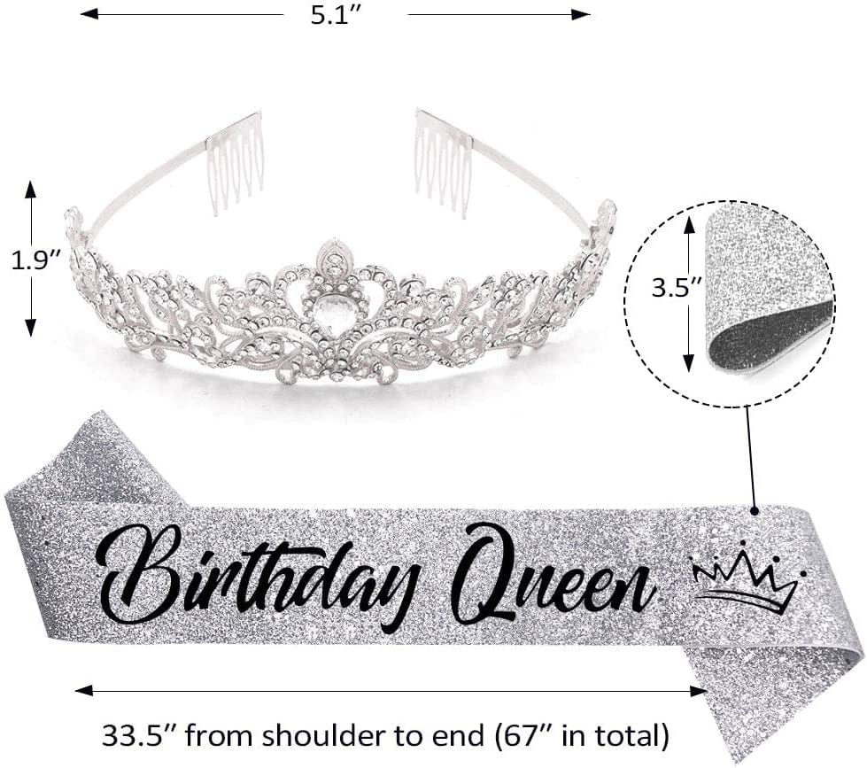 "Birthday Queen"Sash and Rhinestone Crown Set - Glitter Silver Fabric with Black Foil Letters Birthday Sash for Women + Rhinestone Crown Set Birthday Party Gifts Birthday Party Supplies Apparel & Accessories > Clothing Accessories > Sashes YULIPS   