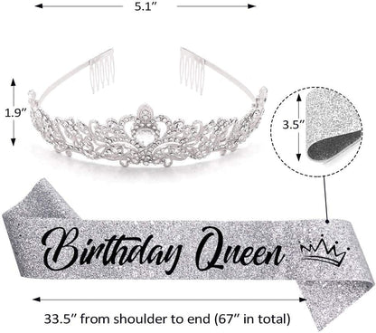 "Birthday Queen"Sash and Rhinestone Crown Set - Glitter Silver Fabric with Black Foil Letters Birthday Sash for Women + Rhinestone Crown Set Birthday Party Gifts Birthday Party Supplies Apparel & Accessories > Clothing Accessories > Sashes YULIPS   