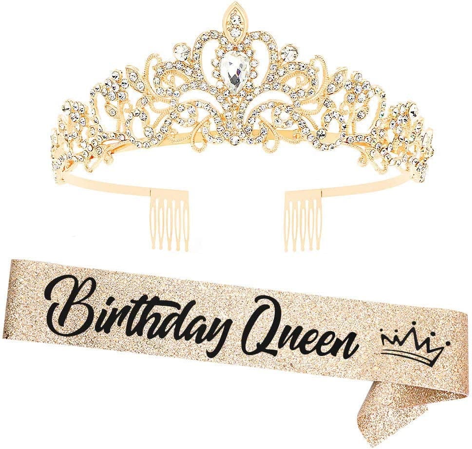 "Birthday Queen"Sash and Rhinestone Crown Set - Glitter Silver Fabric with Black Foil Letters Birthday Sash for Women + Rhinestone Crown Set Birthday Party Gifts Birthday Party Supplies Apparel & Accessories > Clothing Accessories > Sashes YULIPS Gold/Black  