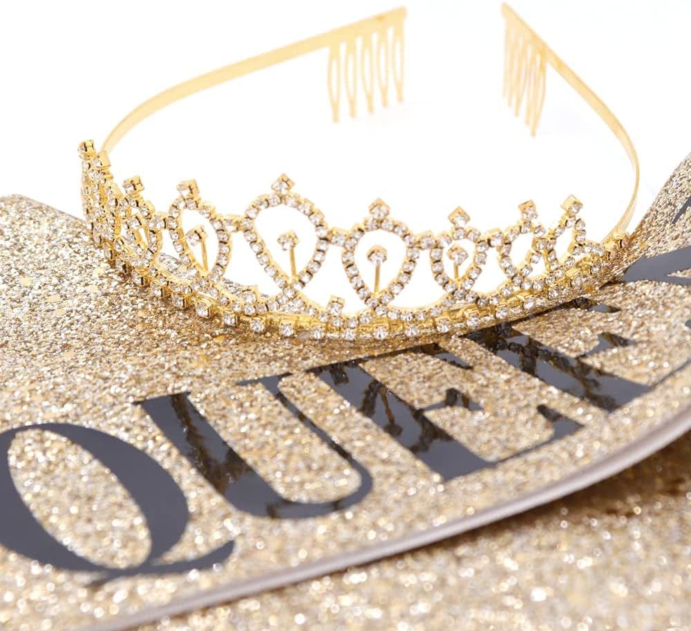 "Birthday Queen" Sash & Rhinestone Tiara Kit - 21St 30Th Birthday Gifts Birthday Sash for Women Birthday Party Supplies (Gold Glitter with Black Lettering) Apparel & Accessories > Clothing Accessories > Sashes ADBetty   