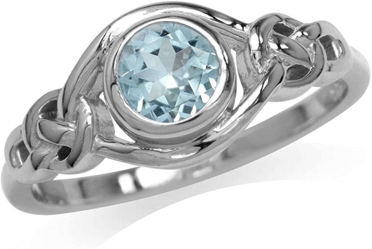 Birthstone Gemstones White Gold Plated 925 Sterling Silver Irish Celtic Knot Engagement or Promise Solitaire Ring Jewelry for Women 5 / genuine blue topaz