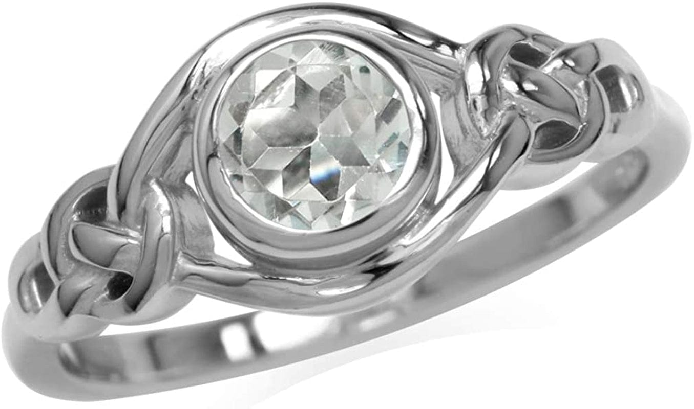 Birthstone Gemstones White Gold Plated 925 Sterling Silver Irish Celtic Knot Engagement or Promise Solitaire Ring Jewelry for Women 5 / genuine white topaz