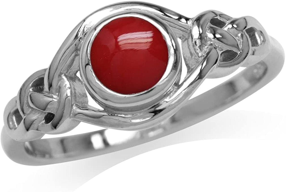 Birthstone Gemstones White Gold Plated 925 Sterling Silver Irish Celtic Knot Engagement or Promise Solitaire Ring Jewelry for Women 7.5 / created red coral