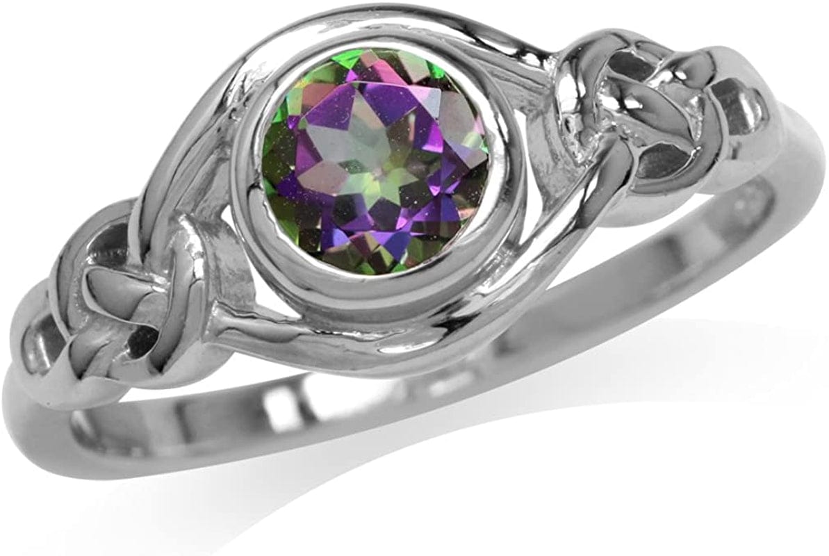 Birthstone Gemstones White Gold Plated 925 Sterling Silver Irish Celtic Knot Engagement or Promise Solitaire Ring Jewelry for Women 11.5 / rainbow mystic fire topaz
