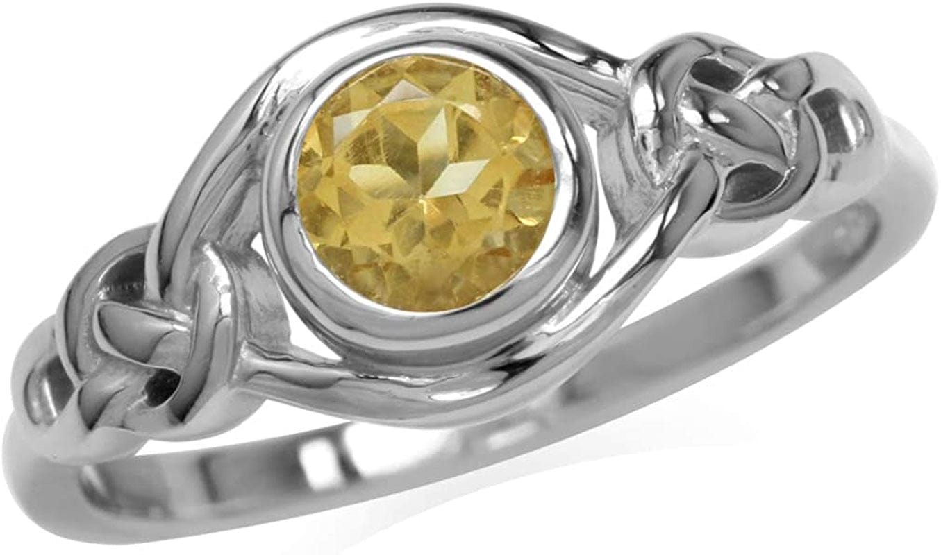 Birthstone Gemstones White Gold Plated 925 Sterling Silver Irish Celtic Knot Engagement or Promise Solitaire Ring Jewelry for Women 11 / genuine yellow citrine