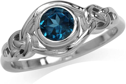 Birthstone Gemstones White Gold Plated 925 Sterling Silver Irish Celtic Knot Engagement or Promise Solitaire Ring Jewelry for Women 11 / genuine london blue topaz