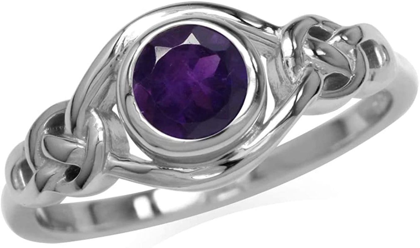 Birthstone Gemstones White Gold Plated 925 Sterling Silver Irish Celtic Knot Engagement or Promise Solitaire Ring Jewelry for Women 10 / genuine dark purple african amethyst