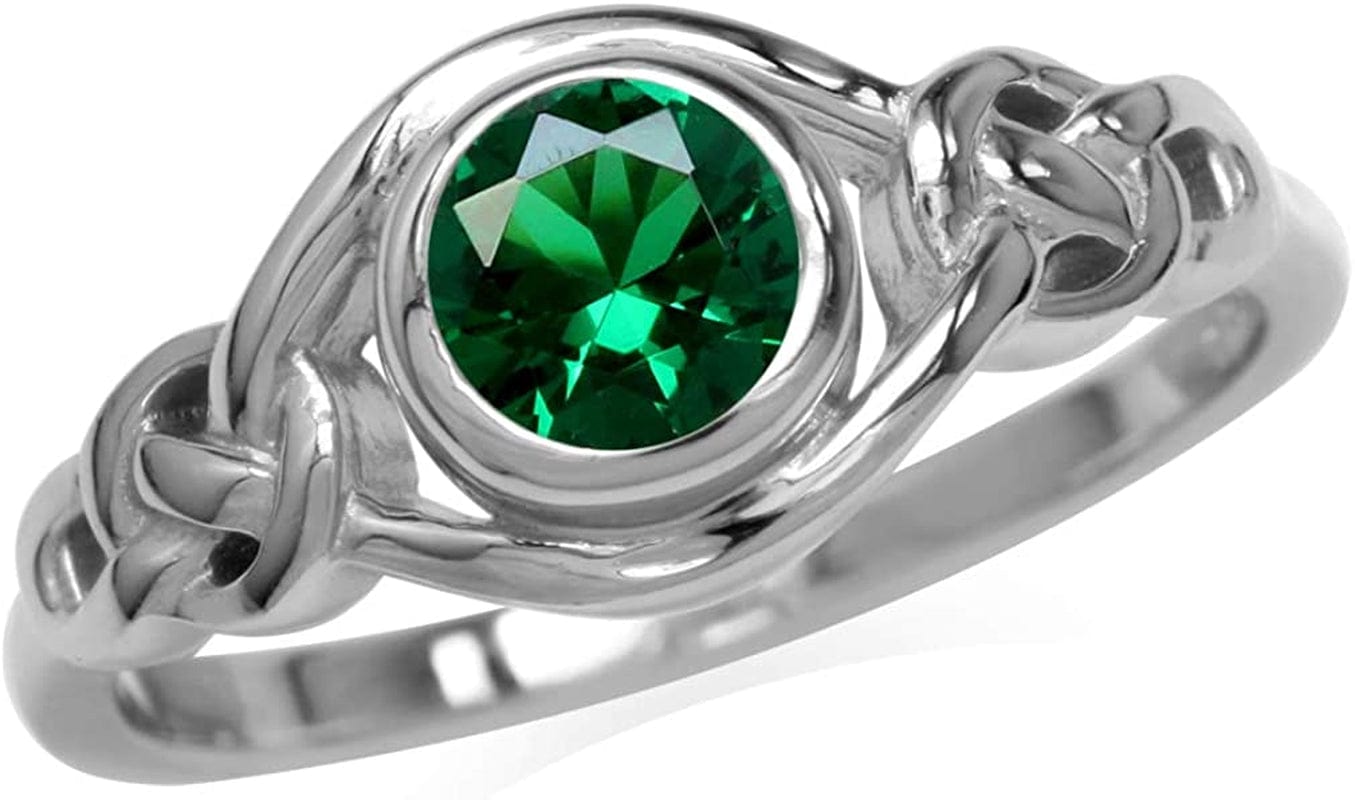 Birthstone Gemstones White Gold Plated 925 Sterling Silver Irish Celtic Knot Engagement or Promise Solitaire Ring Jewelry for Women 11 / created nano green emerald