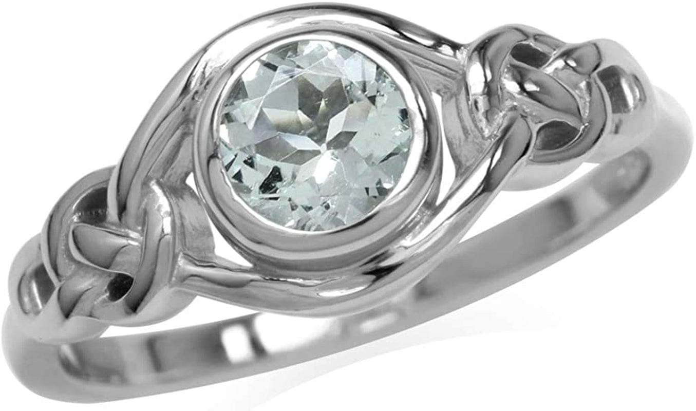 Birthstone Gemstones White Gold Plated 925 Sterling Silver Irish Celtic Knot Engagement or Promise Solitaire Ring Jewelry for Women 5 / genuine light blue aquamarine