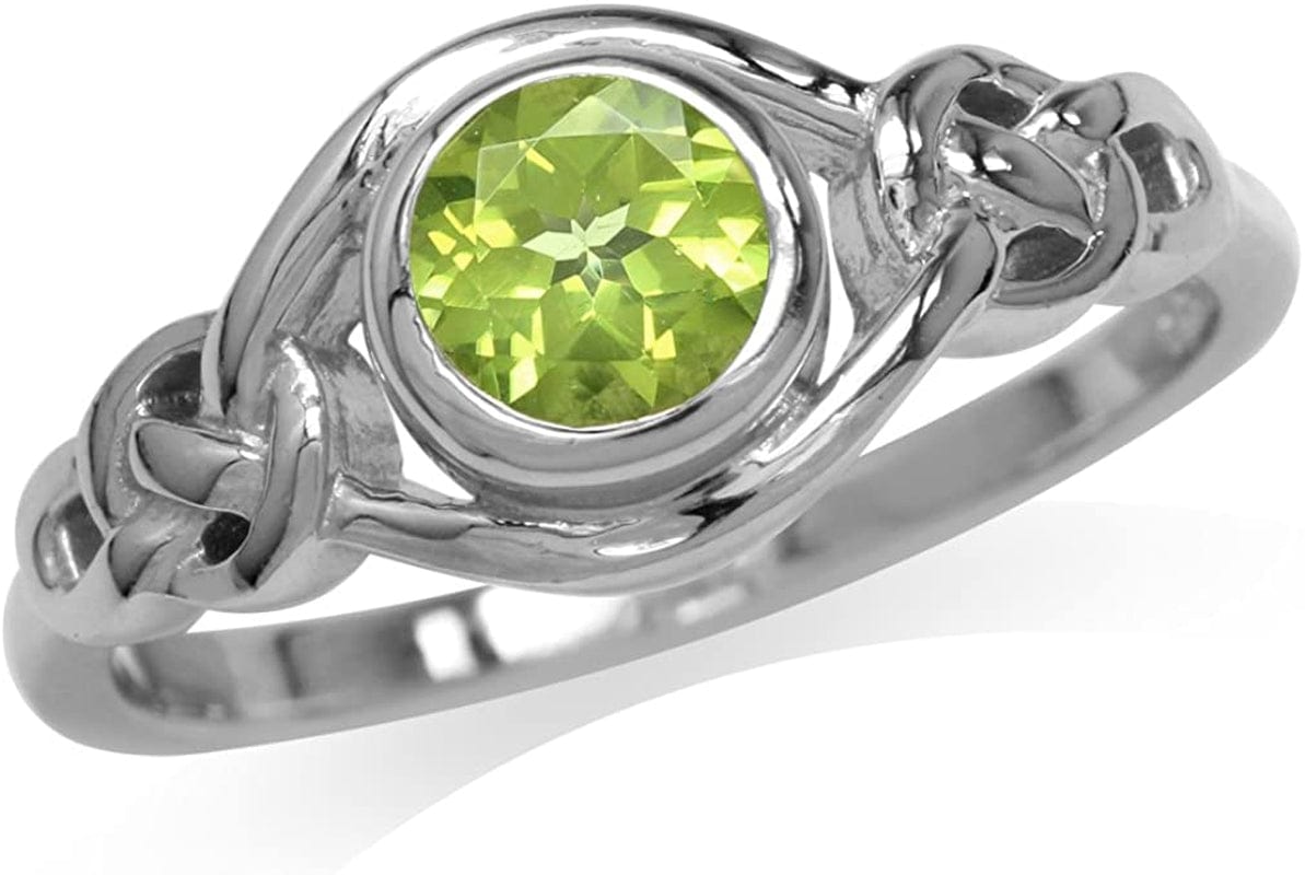 Birthstone Gemstones White Gold Plated 925 Sterling Silver Irish Celtic Knot Engagement or Promise Solitaire Ring Jewelry for Women 11 / natural green peridot