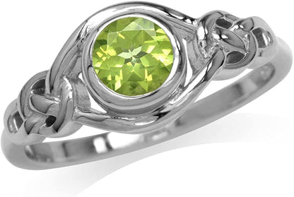 Birthstone Gemstones White Gold Plated 925 Sterling Silver Irish Celtic Knot Engagement or Promise Solitaire Ring Jewelry for Women 11 / natural green peridot