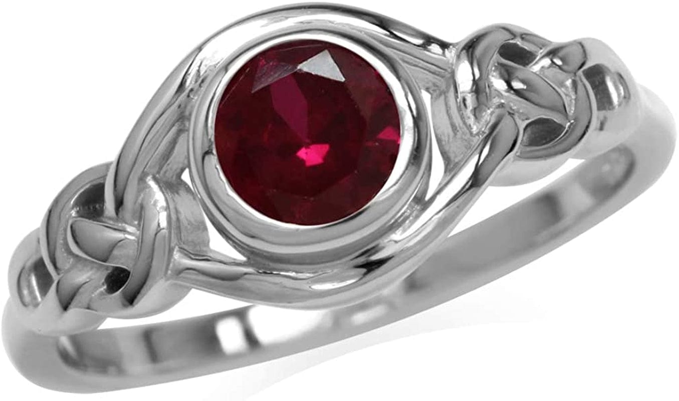 Birthstone Gemstones White Gold Plated 925 Sterling Silver Irish Celtic Knot Engagement or Promise Solitaire Ring Jewelry for Women 7.5 / created red ruby