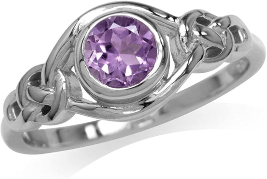 Birthstone Gemstones White Gold Plated 925 Sterling Silver Irish Celtic Knot Engagement or Promise Solitaire Ring Jewelry for Women 12 / genuine purple amethyst