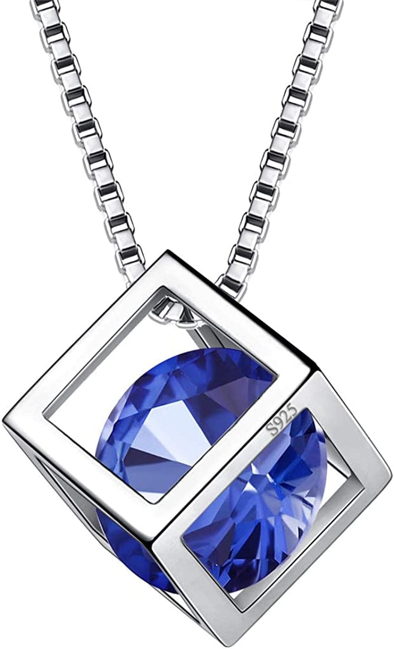Birthstone Necklace/Earring 925 Sterling Silver Women Cross/3D Cube/Cresent Moon Birth Stone Jewelry Mens Birthday Gift Anniversary Present I.Blue-September-Sapphire / 3d-cube-necklace