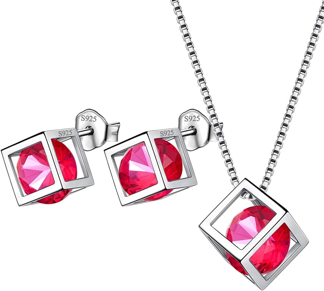 Birthstone Necklace/Earring 925 Sterling Silver Women Cross/3D Cube/Cresent Moon Birth Stone Jewelry Mens Birthday Gift Anniversary Present G.Red-July-Ruby / 3d-cube-sets
