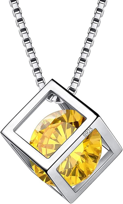 Birthstone Necklace/Earring 925 Sterling Silver Women Cross/3D Cube/Cresent Moon Birth Stone Jewelry Mens Birthday Gift Anniversary Present K.Yellow-November-Topaz / 3d-cube-necklace