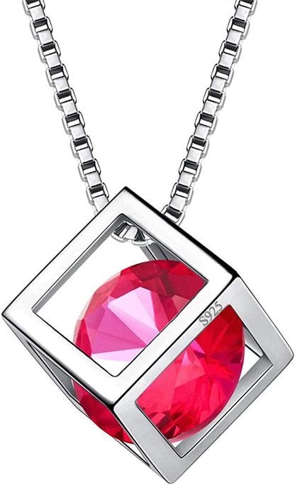 Birthstone Necklace/Earring 925 Sterling Silver Women Cross/3D Cube/Cresent Moon Birth Stone Jewelry Mens Birthday Gift Anniversary Present G.Red-July-Ruby / 3d-cube-necklace